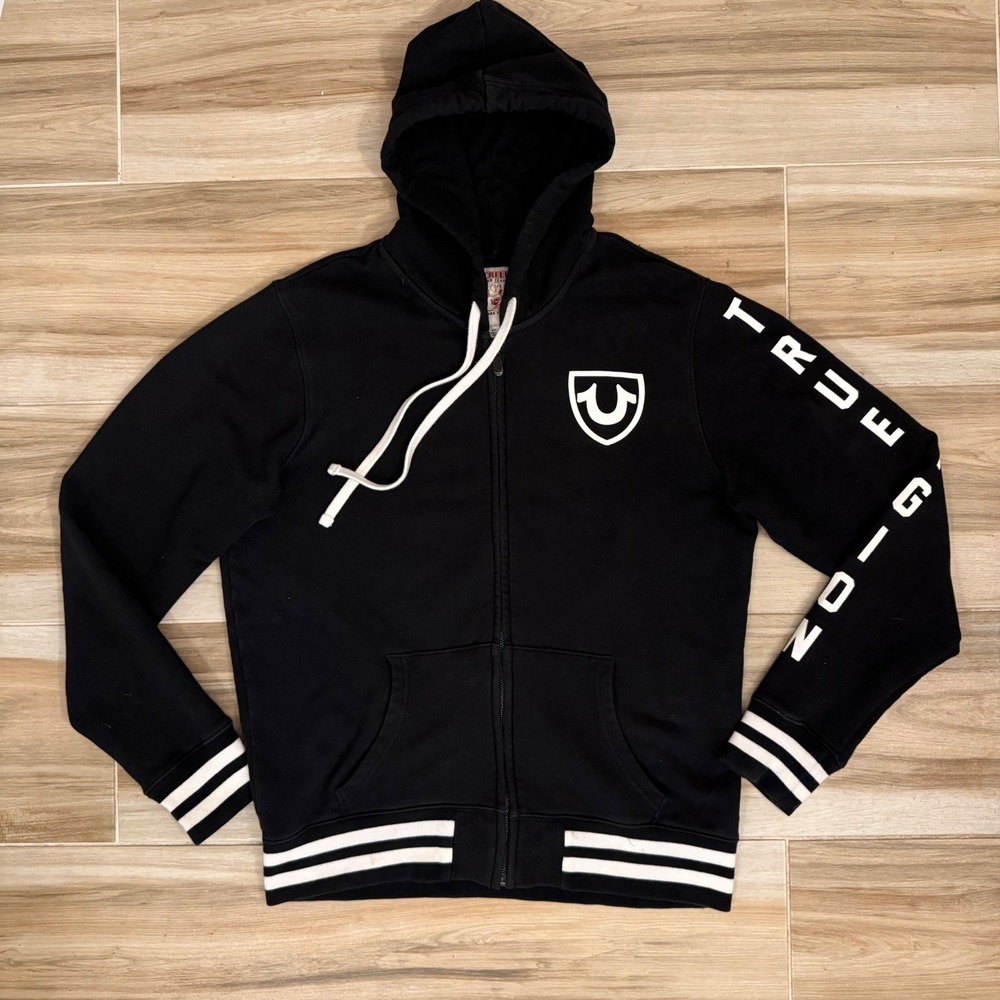 True Religion Mens Black Varsity Zip Up Hoodie Logo Sleeve Graphic Sweatshirt L